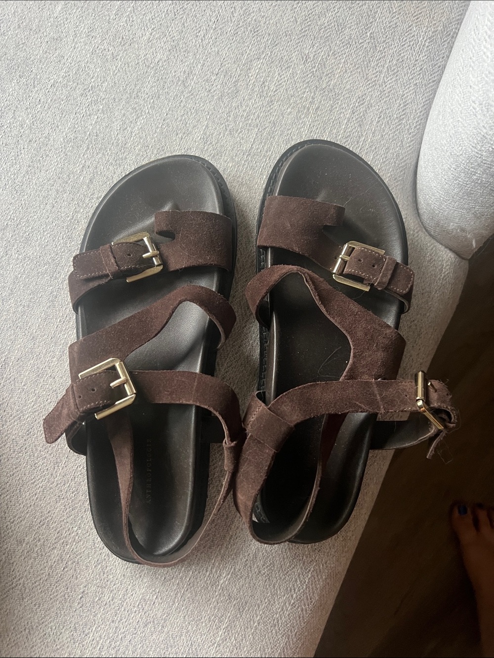 Anthropologie Dark Brown Suede Triple Buckle Sandals